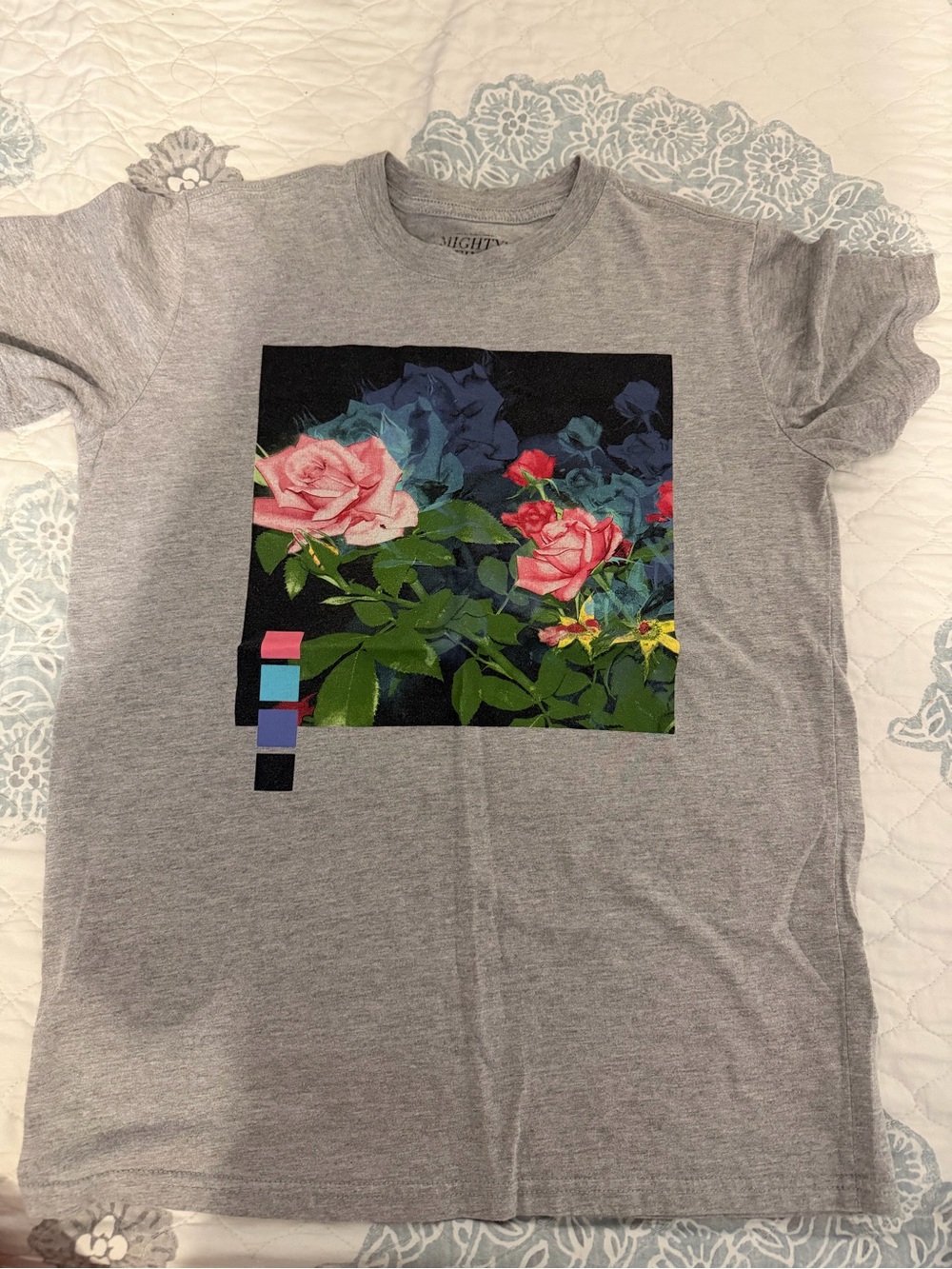 Mighty Fine Grey Tee with Pink Rose Graphic